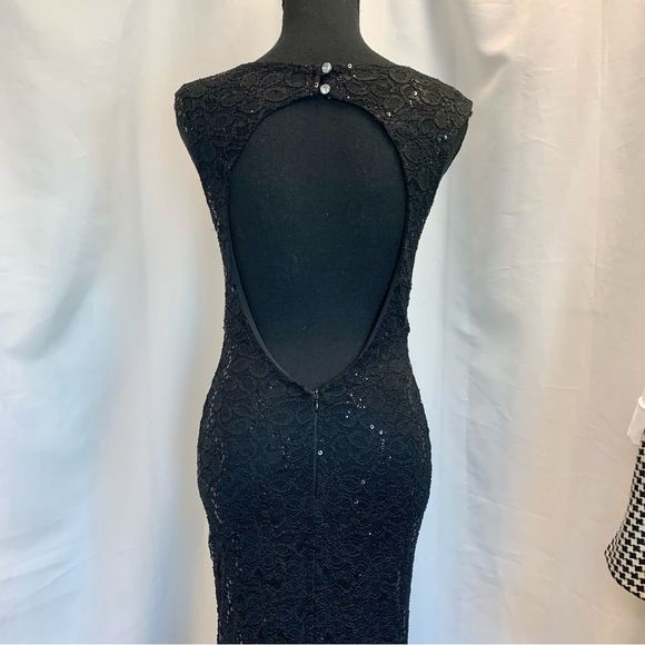 BLACK lace sequin mermaid open back sleeveless Long gown evening dress formal M - Picture 5 of 12